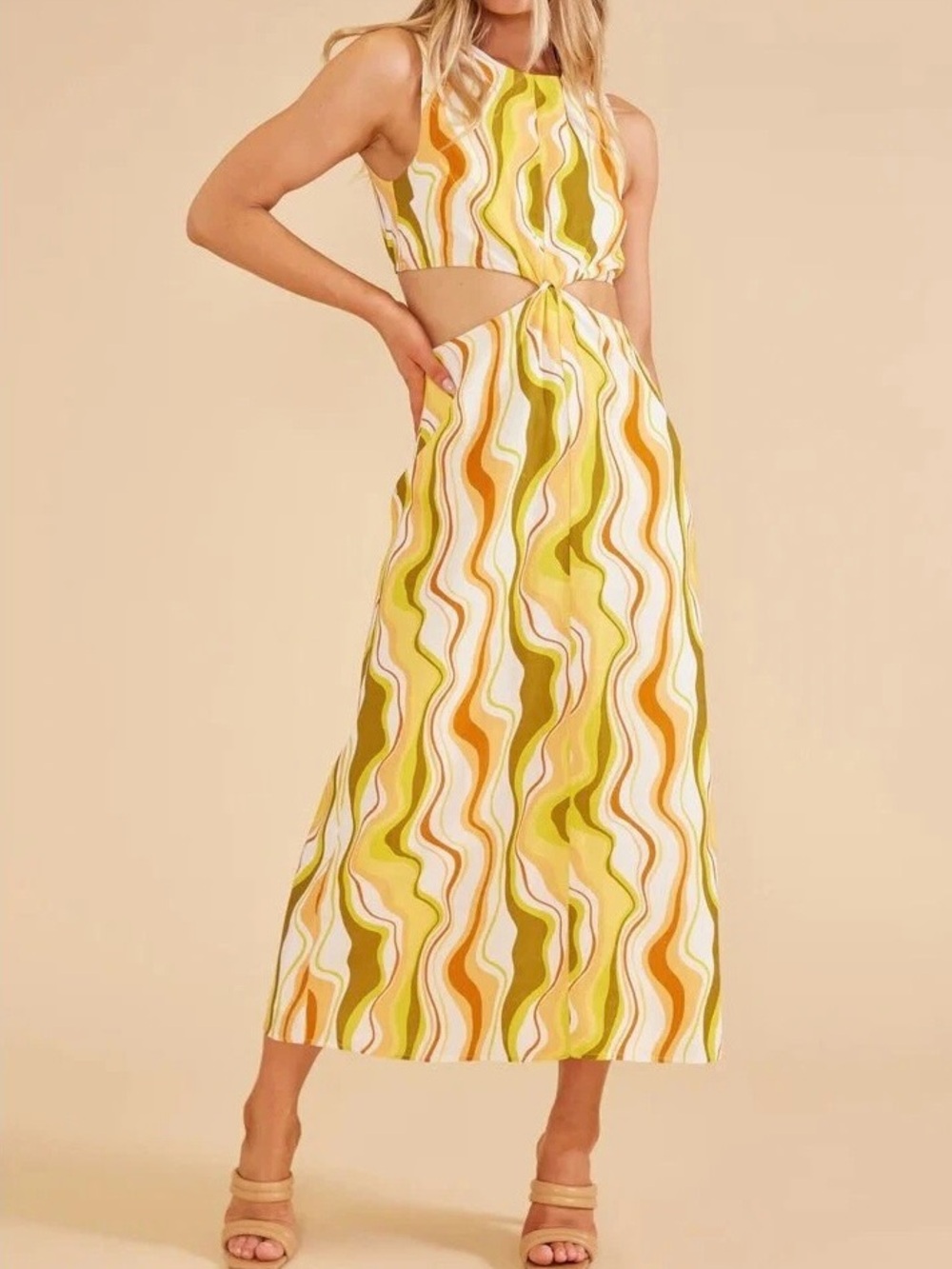 Minkpink Ziggy Twist Front Cut Out 70’s Abstract Midi Dress